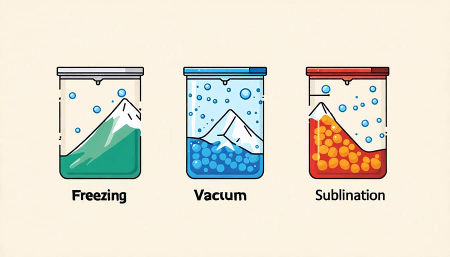 Schematic diagram explaining the freeze-drying process, showing stages of freezing, vacuum, and sublimation