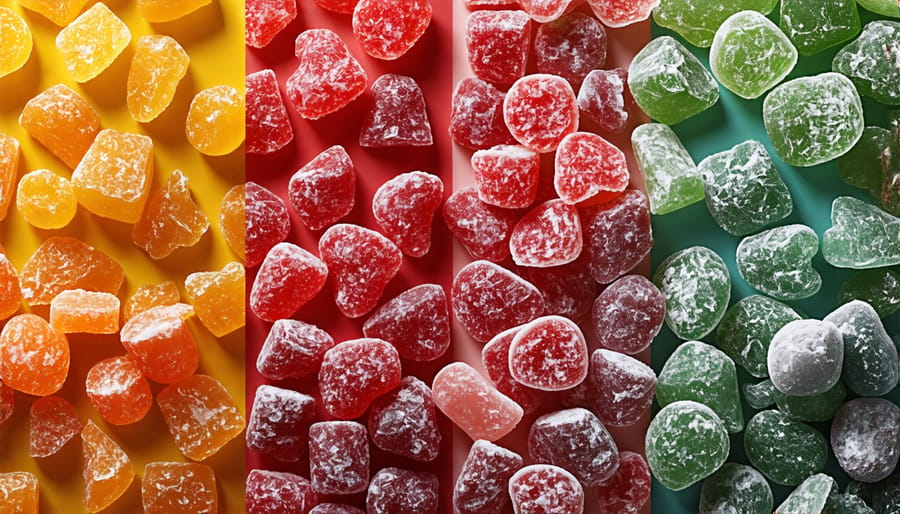 Side-by-side comparison of fresh candies and freeze-dried candies showing texture and size differences