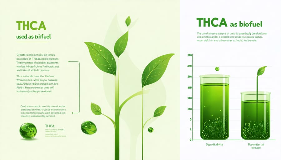 Conceptual illustration showing THCA as a biofuel with a comparative efficiency chart