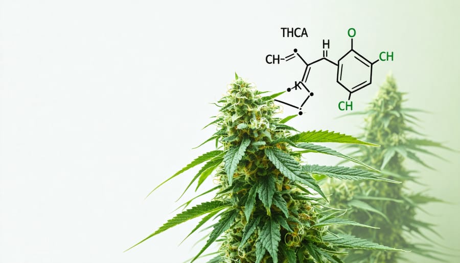 Illustration showing the molecular structure of THCA and a cannabis plant